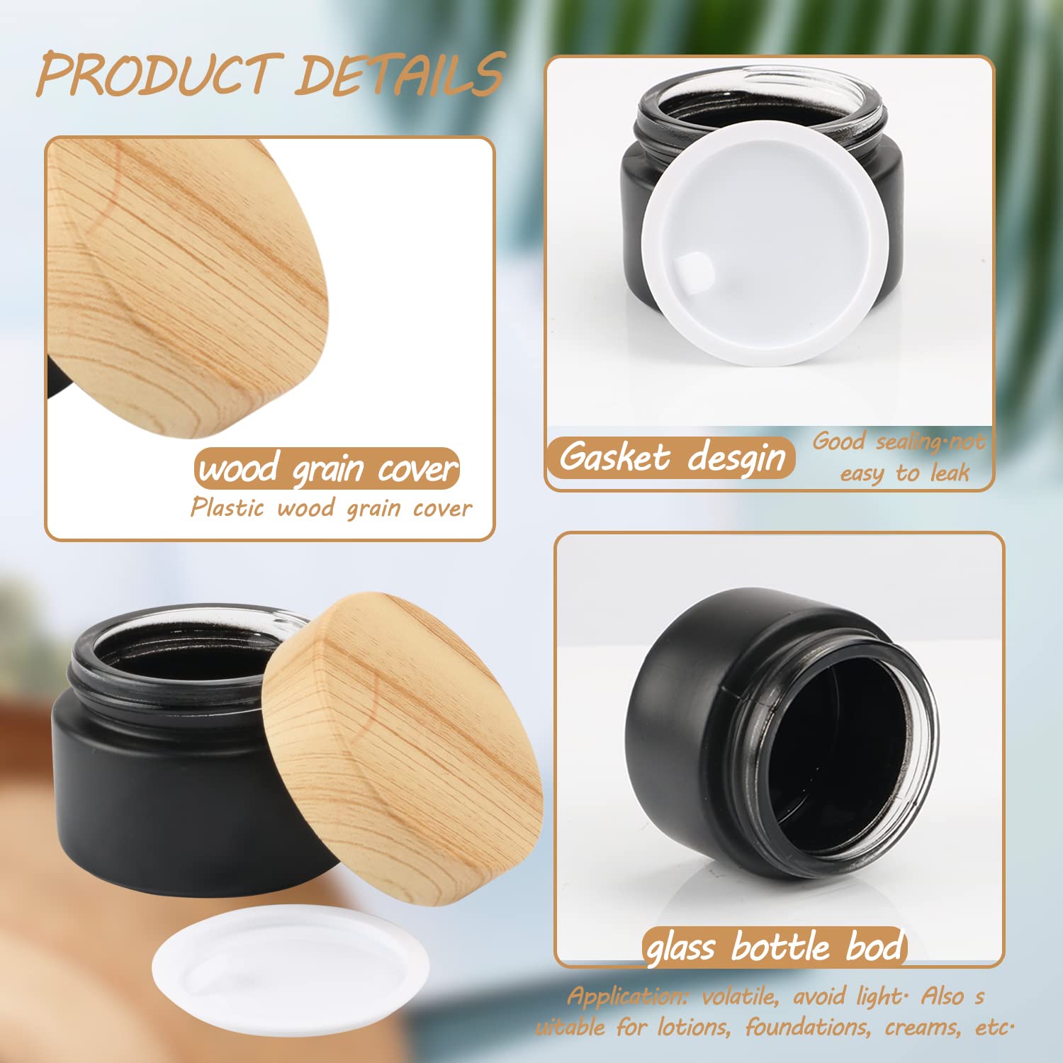 Dmuuudm 12 Pcs 1 Oz Frosted Cream Jar,Empty Refillable Glass Cosmetic Container Jars Holder With Inner Liner,Wood Grain Lid For